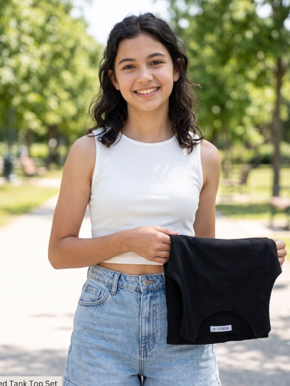 NIP | Mebius 2-Pack Ribbed Crop Tops | Black & White | Sleeveless | 14Y